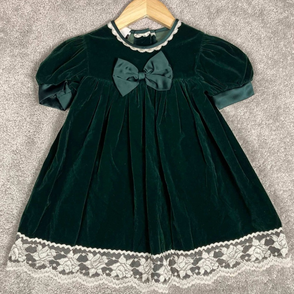 Jo Lene Girls Green Velvet Lace Trim Bow Holiday Party Dress Size 4 Made in USA